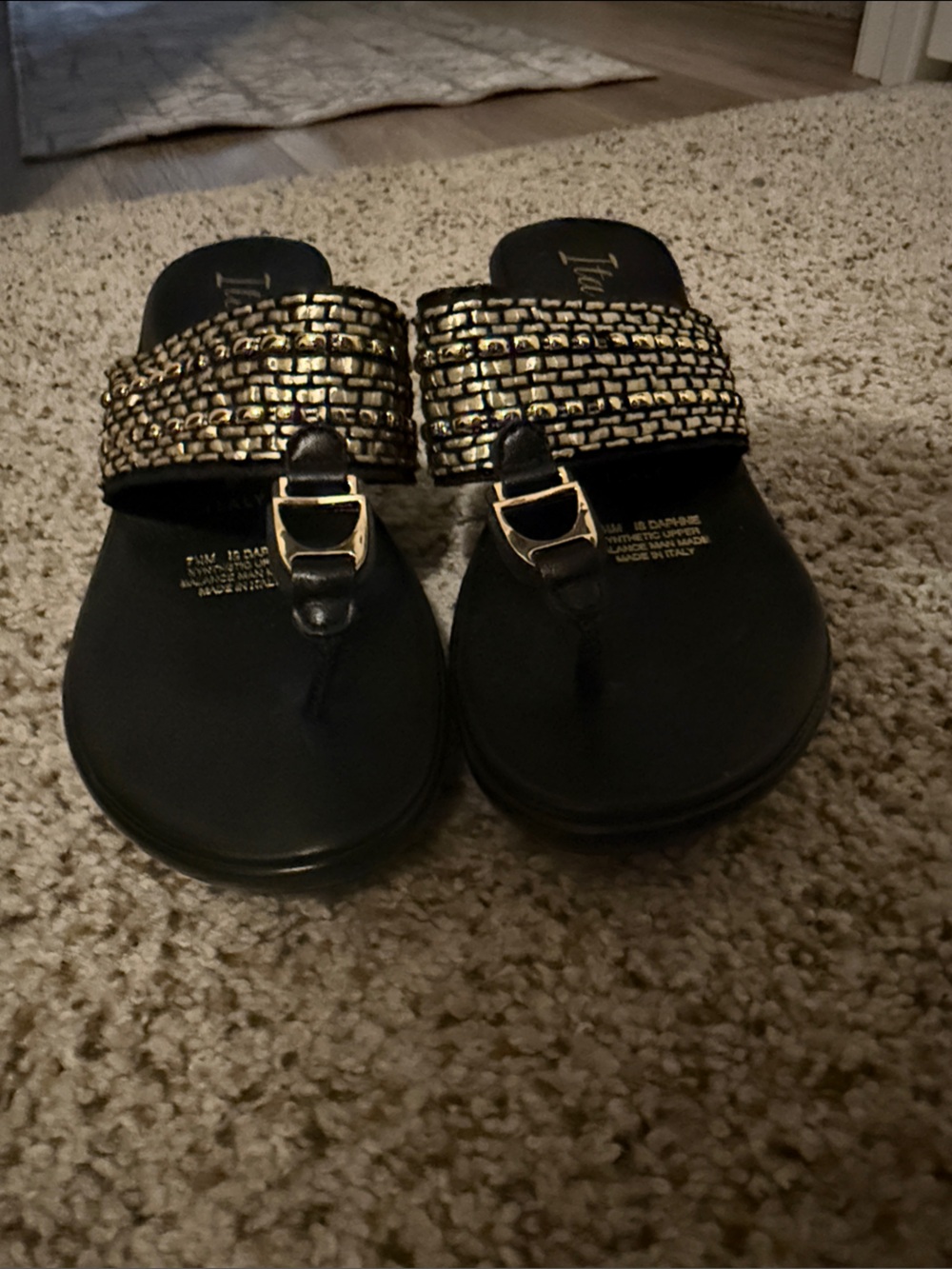 Italiana by Italian Shoemakers Black Wedge Slide Sandals Woven Strap-size 7.5